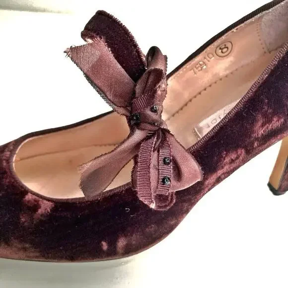Rebecca Taylor Velvet Mary Jane Heels with Bow Romantic Fall Holiday Party Pumps - Picture 6 of 16